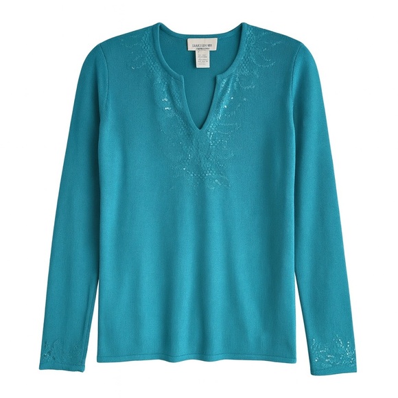 Susan Bristol V-Neck Sweater Split Neck Sequin Knit Turquoise Resort Top Medium - Picture 1 of 9